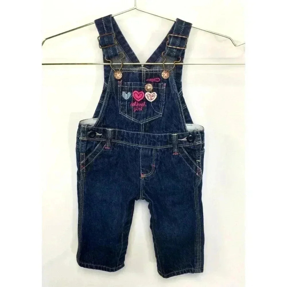 Vintage Oshkosh Girls Size 6 Months Denim Overalls Blue Embroidered‎ Hearts